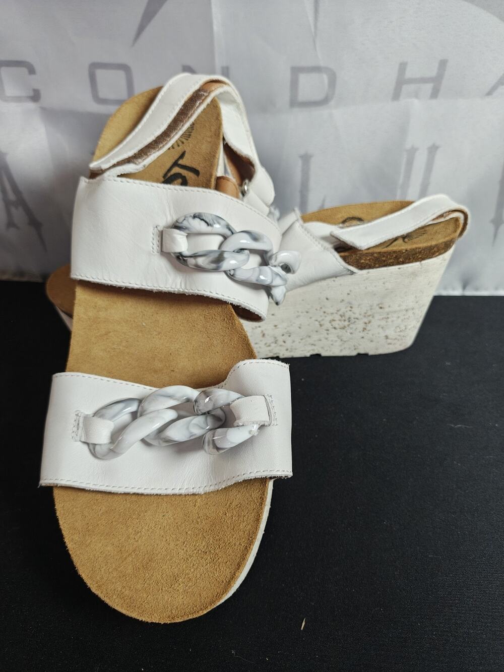 OTBT Women's 9.5 Fair Isle White Leather Wedge Cork Platform Sandal